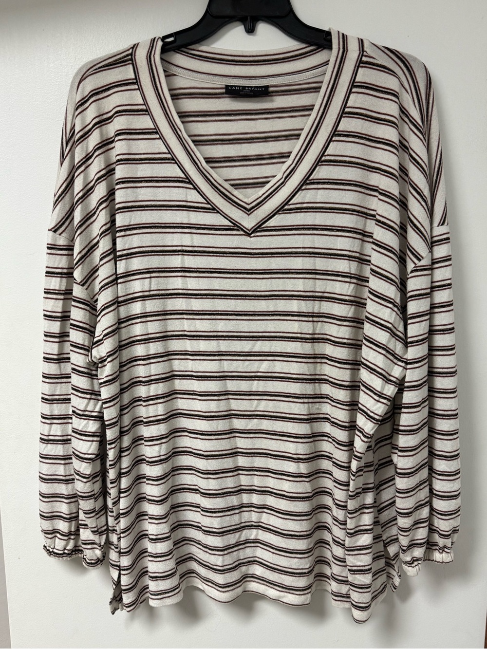 Lane Bryant Cream and Brown Striped V-Neck Sweater 26/28